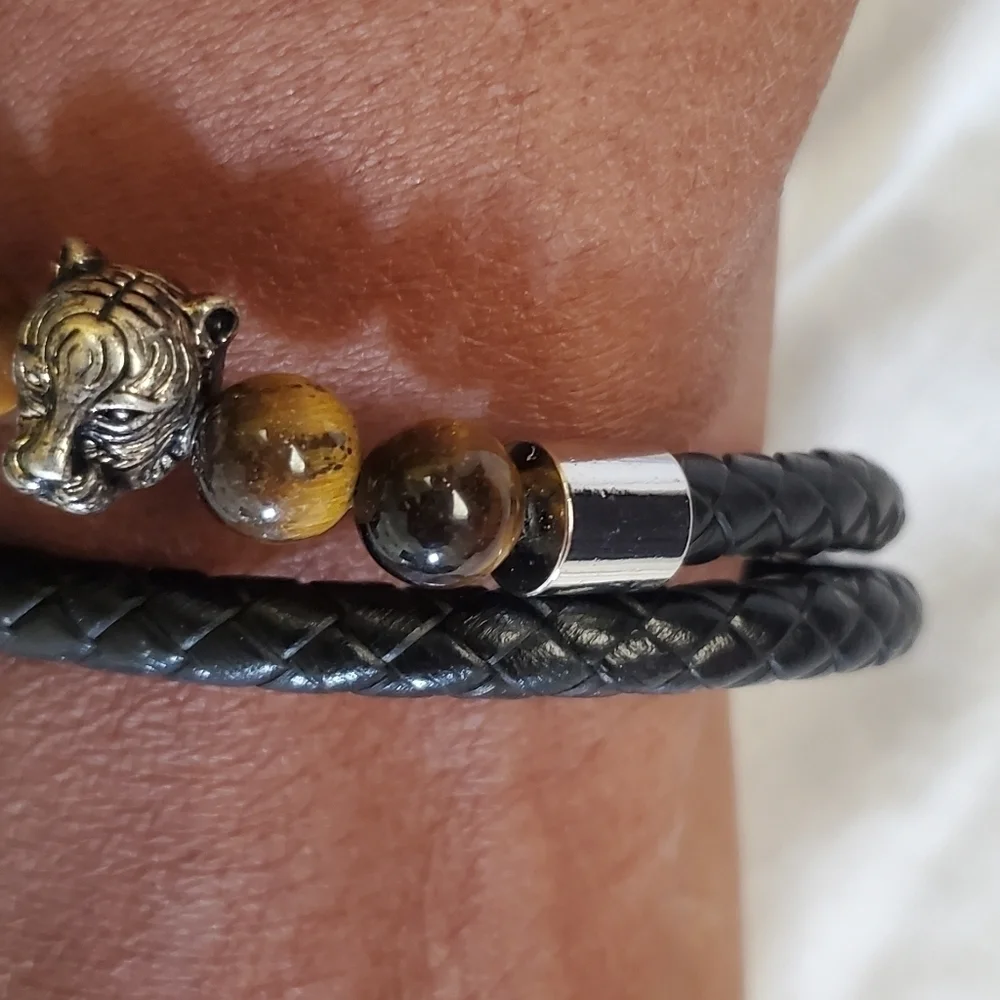 Genuine Leather Tiger's Eye Stainless Steel Panther Bracelet